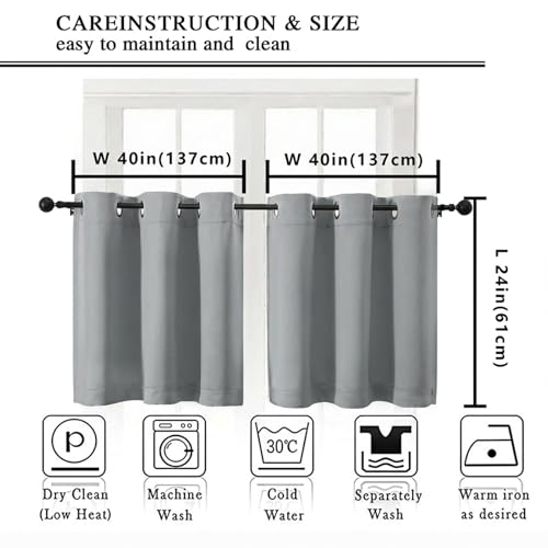 Image of Simplebrand Silver Grey Short Kitchen Curtains 24 Inch Length 2 Panels, Small Windows Room Darkening Curtain for Bathroom, Cabinet, Basement, RV Camper, Thermal Insulated Short Drapes, 40 x 24 Inch
