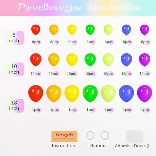 Image of Voircoloria 134pcs Rainbow Balloon Arch Kit Different Sizes 18 inch 12 inch 10 inch 5 inch Assorted Color Latex Balloon Garland Arch Kit for Birthday Baby Shower Graduation Wedding Gender Reveal Party Decorations