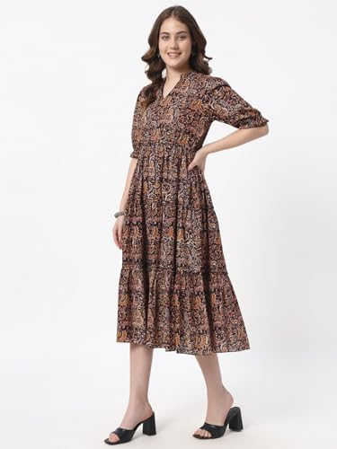 Image of PIDAVLIYA'S Women's Floral Summer Maxi Dress I Cotton Printed I One Piece Bodycon Midi Dress with V-Neck, Puffed Sleeves