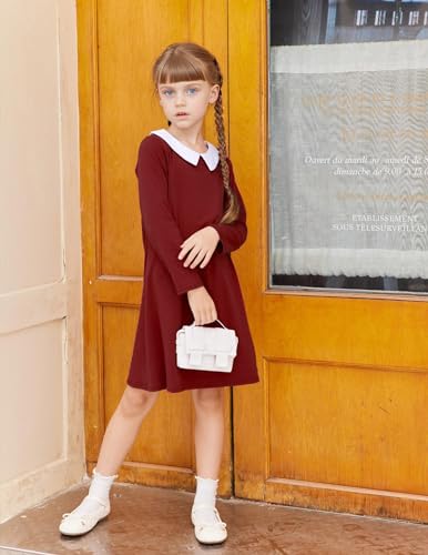 Image of Arshiner Girls Long Sleeve Vintage Peter Pan Collar T-Shirt Dress Age 4-13 Years