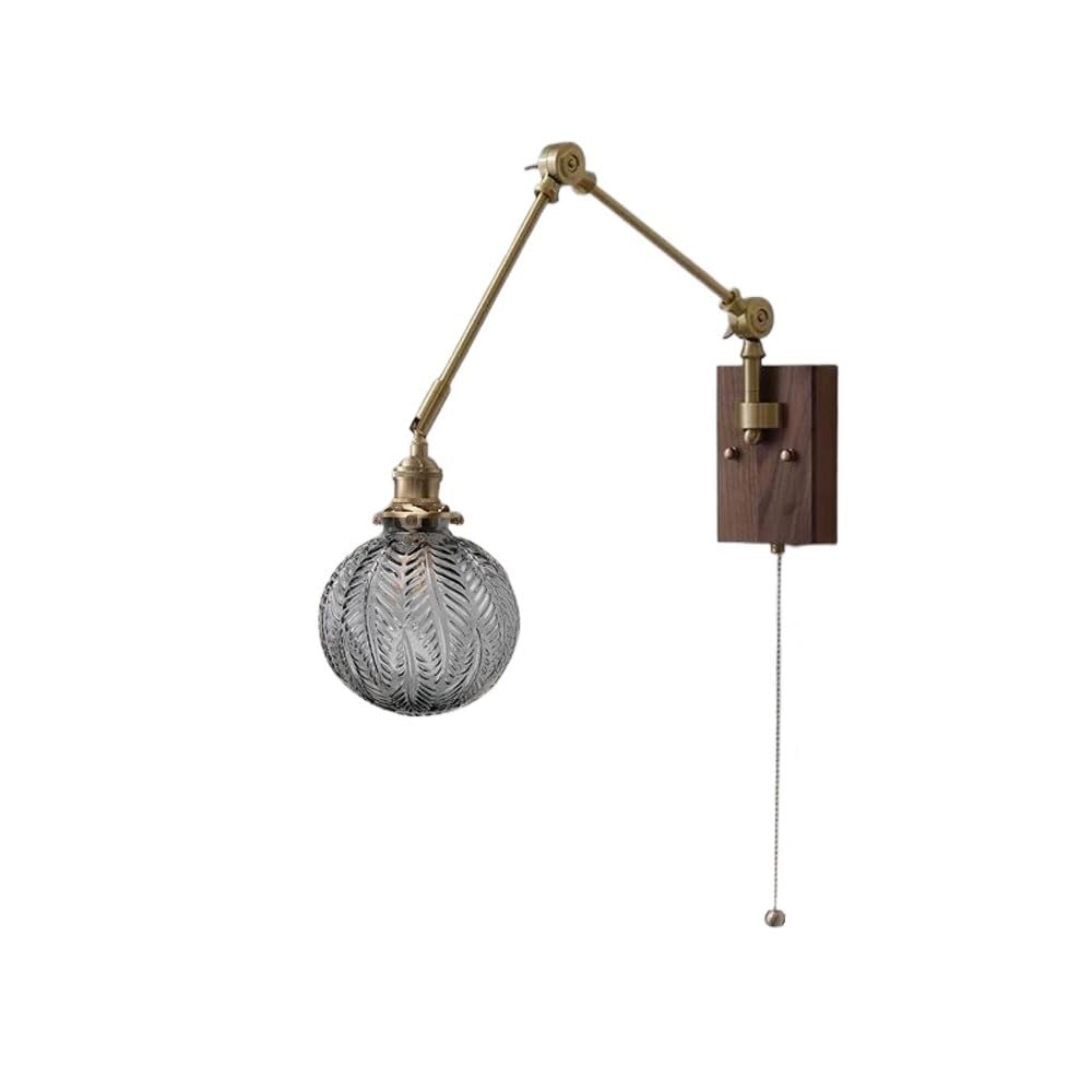 HPTHLY Swing Arm Wall Sconces With Pull Cswitch Vintage Globe Glass Wall Mount Lamp Retro Walnut Wood Wall Lights Fixture For Bedroom (Smoke Gray Shade)