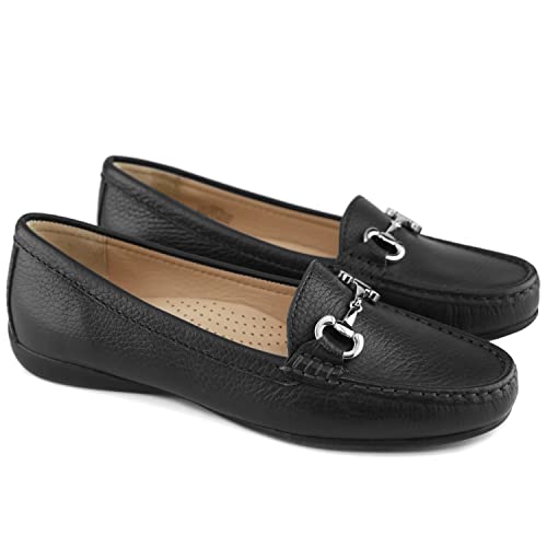 Marc Joseph New York Womens Casual Comfortable Genuine Leather Lightweight Driving Moccasins Classic Fashion Buckle Slip On Ladies Driving Loafer Flat Shoes Black Grainy 7.5 #TOP2