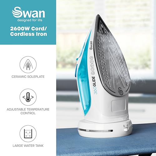 Swan SI16410N 2-in-1 Cord or Cordless Steam Press Iron, Non-Stick Ceramic Soleplate, 2800W, Blue - Image 3