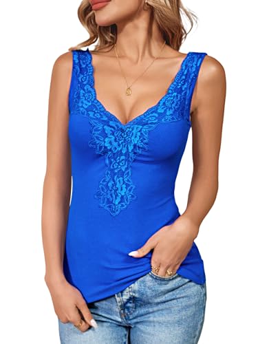 MS.ING Womens Lace Tank Top Sexy Deep V Neck Wide Strap Tops Fitted Basic Cami Shirts (US, Alpha, Medium, Regular, Regular, Royal Blue)