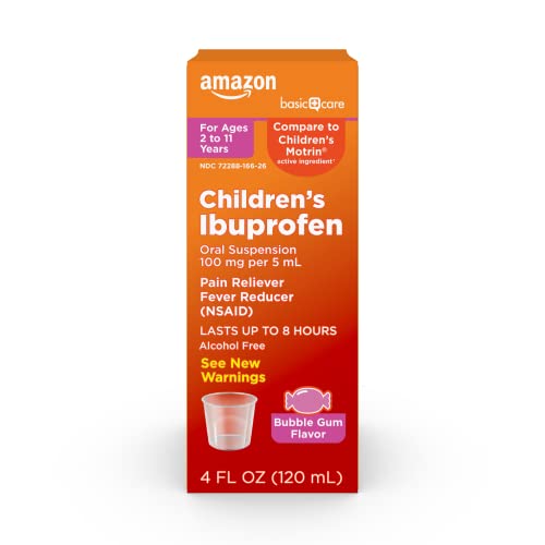 Image of Amazon Basic Care Children's Ibuprofen Oral Suspension, 100mg, Bubblegum, 4 fl oz (Pack of 1)
