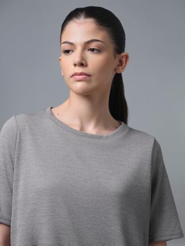 Image of TECHNOSPORT Women Relaxed Fit Cubic Melange Round Neck T-Shirt | Quick Dry Polyester Casual Tee with UPF 50+ UV Protection, Anti-Microbial & Double Cool Technology
