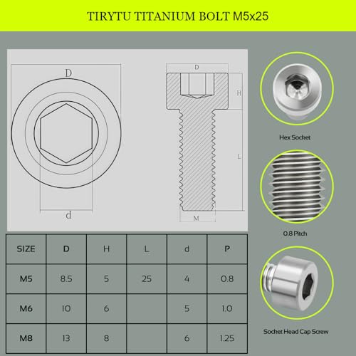 Image of M5x25 Titanium Bolts Hex Socket Cap Screw, Natural Color, 4PC | Lightweight Design, Ideal for Humid /Salty Environments, Socket Head Hex Key No Washer, MTB /Road Bike Stem Bolts