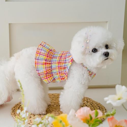 Image of HDKUW Small Dogs Dress with Bow,Chihuahua Yorkies Female Dog Clohtes,Pink Plaid Puppy Tutu Princess Dresses with Dog Bowknot,Girl Doggie Cats Skirt Outfits 2XL