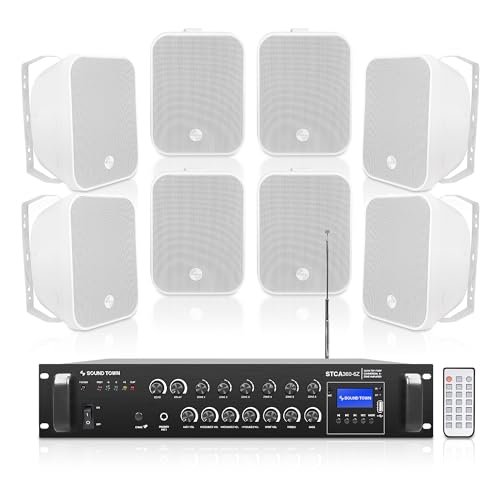 Sound Town Commercial Restaurant Bluetooth Amplifier + Surface-Mount Speaker Set, with One 6-Zone 70V/100V Amplifier with Bluetooth, 8 x 5.25-Inch Surface-Mount Speakers, White (STCA360X8MS5W)