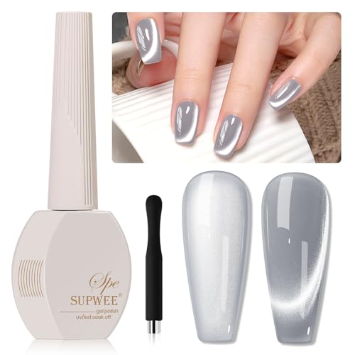 SUPWEE Smalto UV Gel Cat Eye - Argento Chiaro di Luna 15 ml, 9D Olografico Con Magnete, Soak Off Glitter per Unghie, Manicure Salon Home