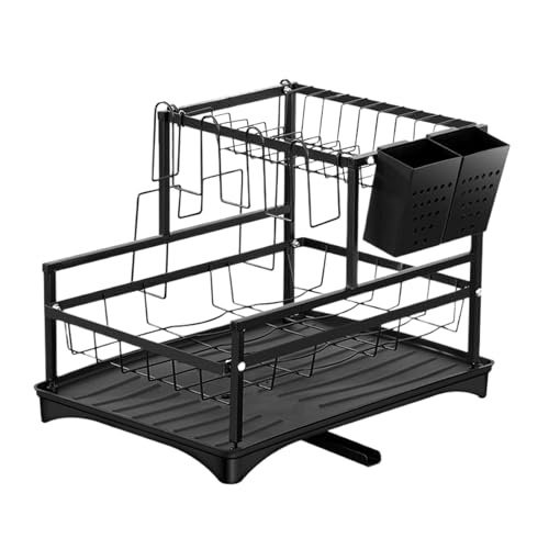 Ghjkldha Escurridor de platos de cocina, organizador de platos de 2 niveles, soporte de utensilios resistente, 16.54 x 11.73 x 12.01 pulgadas, escurridor de tapa de olla, ahorro de espacio para
