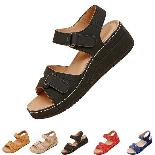 2025 Faux Leather Orthopedic Walking Platform Sandals, Strappy Arch Support Flat Wedge Sandals,Women Stylish Wedge Sandal (black