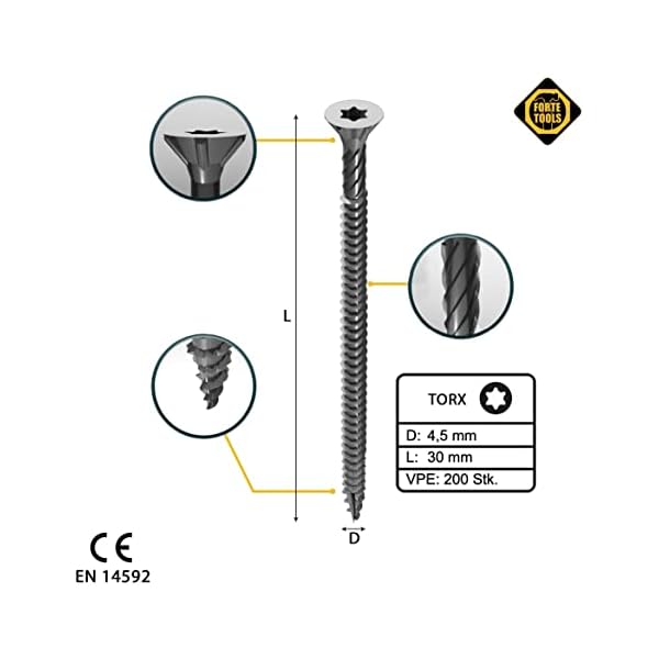 FORTE Tools Universal Holzschraube 4,5 x 30 mm T20 200 Stk. (000040113872) silber verzinkt Torx Senkkopf Vollgewinde – Bild 3