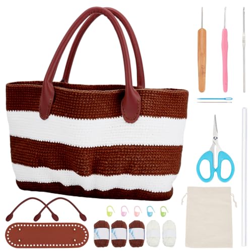 Image of ORIGACH DIY Crochet Handbag Kit for Beginners, Dark Brown Striped Tote Bag with PU Leather Band and Base, Complete Crochet Set to Make a Bag, Include Yarn, Hooks, Markers and Instruction