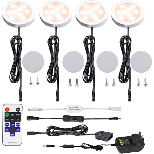 AIBOO Dimmable & Timing Under Counter Lights Kitchen with Wireless RF Remote,Ultra-Thin 240V LED Cabinet Lights,12W Shelf Lights，4 Lights,Warm White