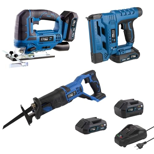 ENG PRO KIT | Seghetto alternativo, Sega a gattuccio, Graffettatrice e Sparachiodi 2 Batterie 2/4.0Ah | Linea Professionale a Batteria