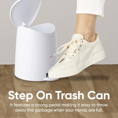 Image of Small Plastic Bathroom Trash Can with Lid 3 Liter Modern Curved Step On Trash Can with Foot Pedal, Mini Kitchen Waste Bin, Durable and Soft Close for Bedroom, Office, Under Desk (White-2 Pack)