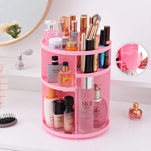 Mecool Makeup Organiser Rotating 360 for Girls Women Large Makeup Storage, Fits Lipsticks,Makeup Brushes, Perfume and More- Pink