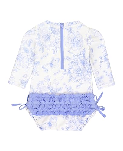 Image of RuffleButts Baby Girls UPF 50+ Sun Protection Floral Printed Long Sleeve One Piece Rash Guard Swimsuit with Zipper