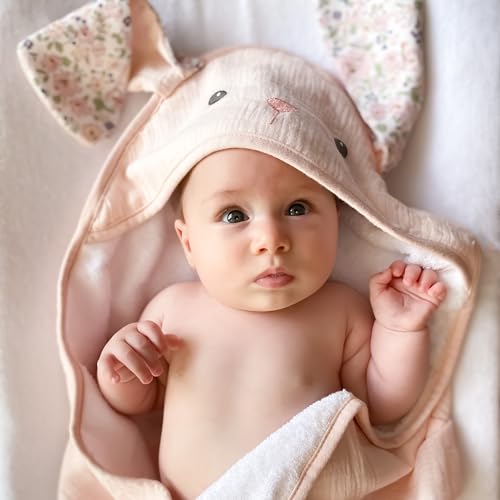 Image of Petit Bunny Terry Muslin Baby Towel and Washcloth Set by Mon Ami