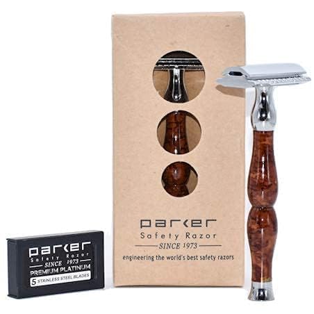 Parker 45R Heavyweight Double Edge Safety Razor 3 Piece Design with 4 Inch Handle - Solid Brass Frame
