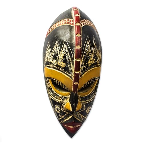 NOVICA Light Brown Handcrafted Nigerian Wood Wall Mask with Aluminum Accents, 'King's Companion'
