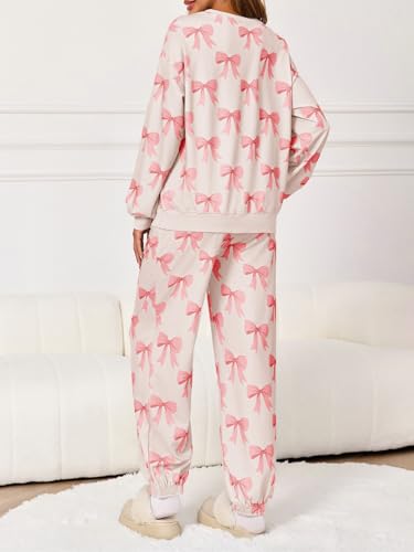 Tankaneo Womens 2 Piece Outfits Sweatsuit Bows Printed Casual Long Sleeve Oversized Sweatshirt and Jogger Lounge Sets4