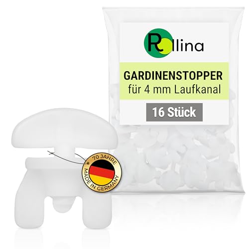 Rollina Gardinenstopper (16 Stück) Universal Feststeller für Schienen | Vorhangfeststeller | Standardgröße für Schienensysteme mit 4 mm Innenlauf