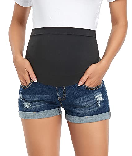 Fitglam Women's Maternity Jean Shorts Over The Belly Pregnancy Denim Lounge Shorts With Pockets #TOP2