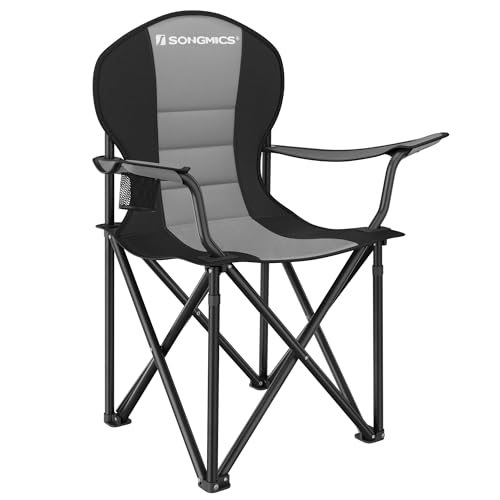 SONGMICS Folding Camping Chair, with Comfortable Sponge Seat, Cup Holder, Heavy Duty Structure, Max Load Capacity 250 kg, Outdoor Picnic Chair, Grey and Black GCB006G01