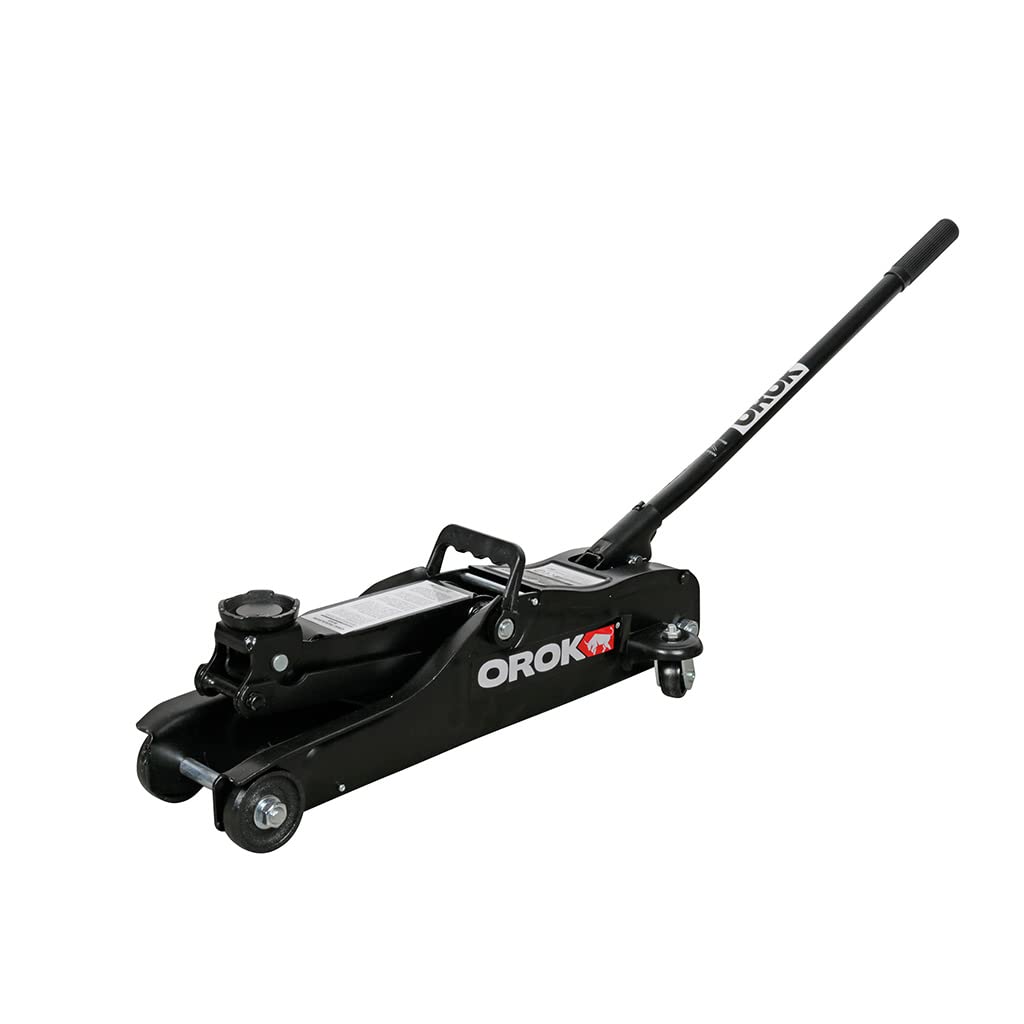 OROK 645186 Cric Hydraulique Rouleur Bas 2 Tonnes – Cric Voiture Profil Bas 85 à 330 mm – Tête Pivotante 360° – Descente Réglable – roulettes Pivotantes – Conforme en 1494, Noir