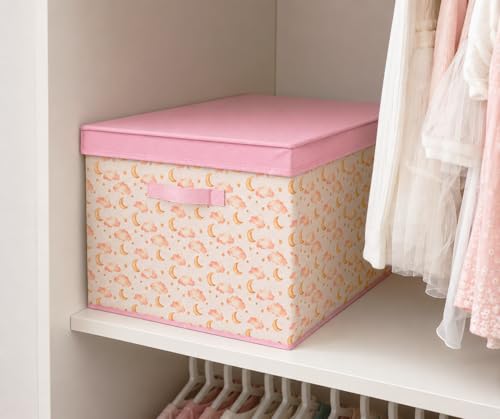 Image of Toy Storage Box with Lid – Moon and Stars Large Collapsible Kids Storage Box, Foldable Toy Chest Organizer for Bedroom & Playroom, Boys Nursery Decor, Fabric Handles. 50cmx 40cm x30cm