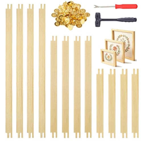 12 Pcs Stretcher Bars for Needlework 3 Sizes (6 8 12 Inch) Needlepoint Stretcher Bars Set DIY Frame with Tacks Tack Remover Hammer