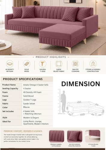 Image of AMATA Falcon 4 Seater L Shape Suede Velvet Fabric Mauve Colour Sofa Set with Two Cushions Perfect for Home Office Guests Living Room (Falcon Mauve, Falcon 4 Seater l Shape)(3 Year Warranty)