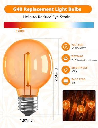 Image of 25 Pack G40 Orange LED Replacement Light Bulbs, Shatterproof Halloween G40 LED Orange Globe Lights Bulbs for Outdoor String Lights Patio Party Decor, 0.6W, E12 /C7 Candelabra Base, 2700K Warm White