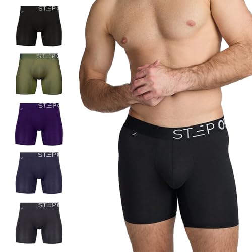 STEP ONE Bamboo Boxers Mens 5 Pack, Anti Chafing Underwear with 3D Pouch, Breathable Moisture Wicking Boxer Shorts for Men, No Ride Up Boxers for Sports & Daily Comfort Mixed Pack Large
