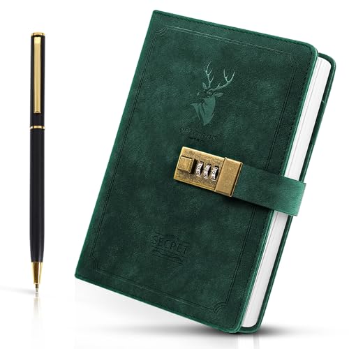 KornaDoz A5 PU Leather Journal with Combination Lock, Retro Locking Diary with 240 Pages for Writing, A Secret Notebook for Girls, Boys & Adults, Green