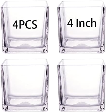 4PCS Square Glass Vase 4"x4" Clear Cube Flower Vase for Wedding Centerpiece Candle Holder Home