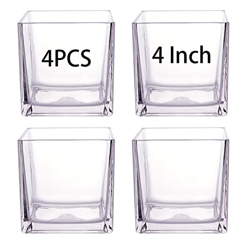 4Pcs Square Glass Vase 4"X4" Clear Cube Flower Vase For Wedding Centerpiece Candle Holder Home #TOP2