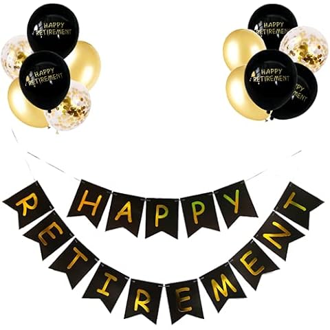 Retirement Party Decorations, Black Gold Happy Retirement Banner Latex Balloons for Happy Retirement Party Supplies Cover