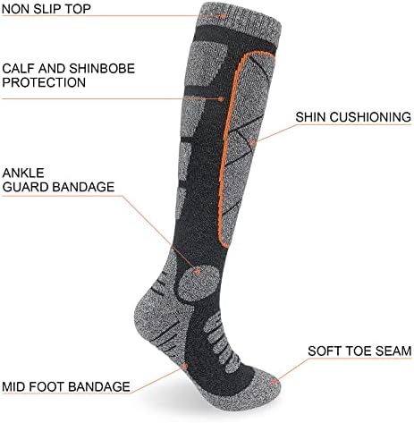 ouhos Mens Thermal Ski Socks Black Grey Long Knee High Winter Thick Warm Football Sports Socks for Men 9-12 Anti Blister Cushioned Snowboarding Mountaineering Hiking Boot Socks 2 Pairs