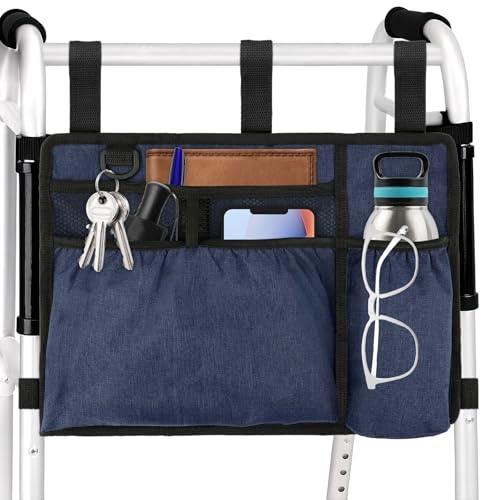 Walker Bag Basket with Cup Holder for Folding Walker Accessories for Seniors Elderly Handicap Foldable & Water Resistant Walker Storage Bags with Big Capacity - Dark Blue