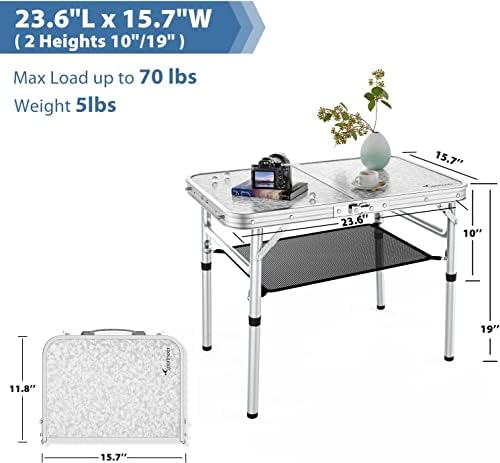 Sportneer Folding Table, Adjustable Height Camping Table with Mesh Layer, 23.6" x 15.7" Portable Folding Camp Desk with Aluminum Legs for Outdoor Picnic, Beach, Backyard, Tailgate Cooking, 3 Heights