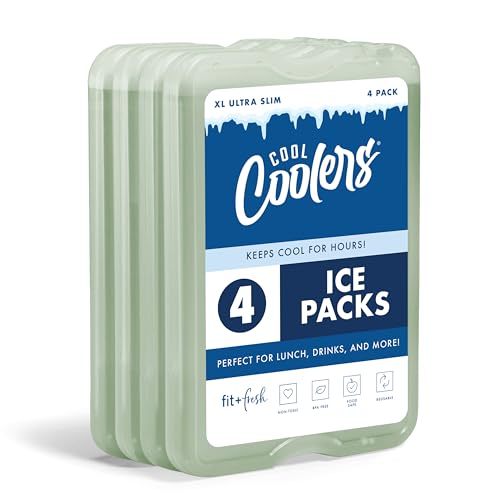 Cool Coolers by Fit & Fresh XL Slim Ice Packs, Quick Freeze Reusable Ice Packs for Lunch Boxes & Coolers, Long-Lasting, Space Saving Cooler Ice Packs, Sage, 4Pk