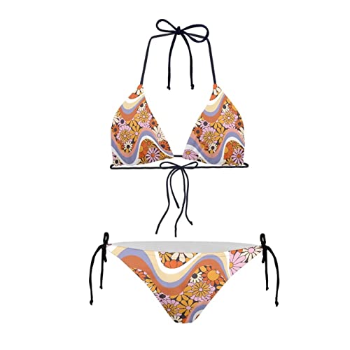 JEOCODY Hippie Bikini Sets for Women High Waisted Bikini Sets Boho Abstract Hippie Daisy Wavy Swirl 2 Piece Spaghetti Strap Top Thong Swimsuit 70S 80S Bathing Suit Triangle Bikini Set for Beach