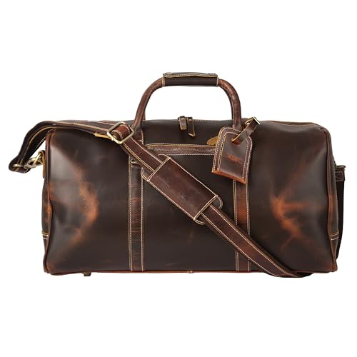 Image of KomalC Leather Duffle Bags for Men and Women Travel Overnight Weekend sports bag holdall Gym Duffel for Men (Dark Tan, 20 Inch)