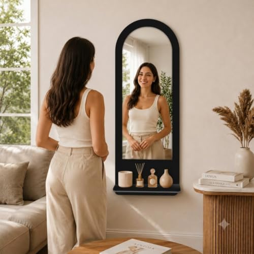 Image of Creative Arts n Frames Full Length 15x47 inch Long Wall Mount HD Mirror with Shelf for Bedroom Bathroom Living Room Home Office Decor(15x47 inch Framed Mirror with Shelf Arch Classic Black)