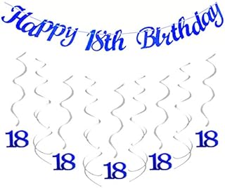 18th Birthday Decorations Blue Happy 18th Birthday Banner Hanging Swirls Streamers for Boys 18 Birthday Anniversary Party Decor Photo Backdrop