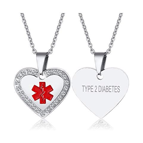 XUANPAI Type 2 Diabetes Custom Engraving Emergency Medical Alert ID Neklace Cubic Zircon Heart Pendant for Women Girls,Chain 20" Cover