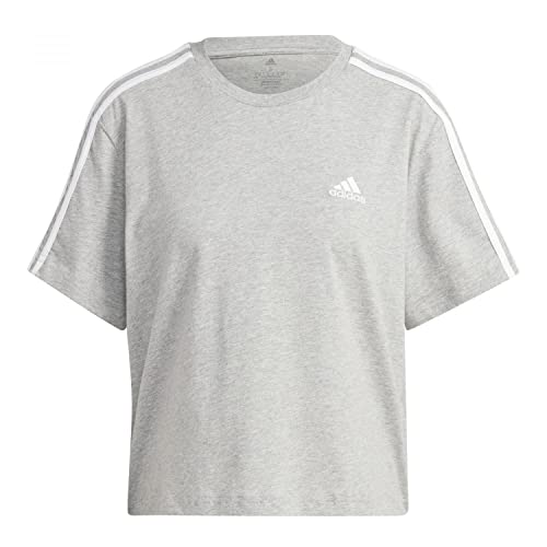 adidas Women's Essentials 3-Stripes Single Jersey Crop Top, medium grey heather/white, XS